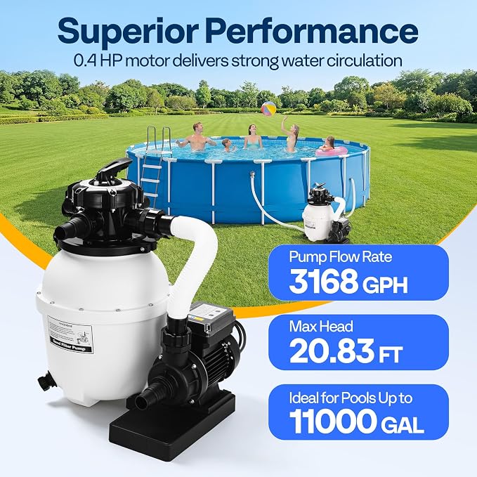 VIVOHOME 12 in Sand Filter Pump for Above Ground Pool, 0.4 HP 3168 GPH, Swimming Pool Filter System with 24H Timer & 6-Way Valve, High-Efficiency Filtration for Pools Up to 11,000 Gallons