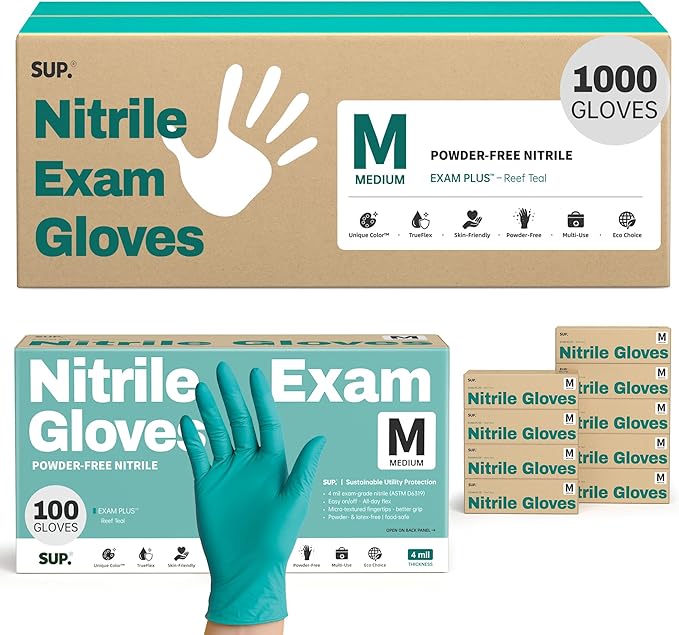 SUP Nitrile Exam Gloves, Powder-Free Latex-Free Food Safe Cooking Cleaning laboratory Disposable Medical Glove, Teal 1000 Ct