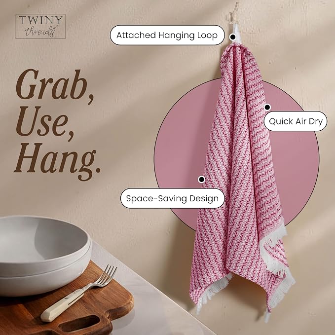 TWINY threads Dish Towel Chevron Pattern, Premium 100% Cotton Kitchen Linen Set, Large Wash Rags for Drying Dishes, Absorbent Quick Drying, Reusable, 12 Pack, 16"x26", Burgundy Wine