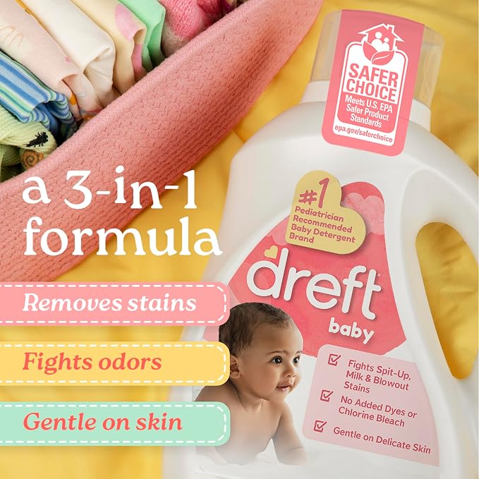 Dreft Baby Liquid Laundry Detergent, Gentle on Sensitive Skin Laundry Soap, 42 fl oz, 32 Loads, Pack of 2 (Packaging May Vary)