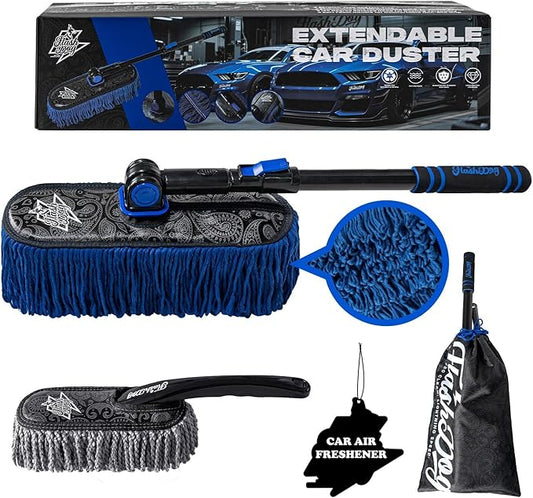 Flash Dog Car Duster Exterior & Interior Duster Aluminum Alloy Extendable Handle and Wax Cotton Strands Scratch-Free Cleaning for Cars, SUVs, RVs | Waterless Dust & Pollen Remover