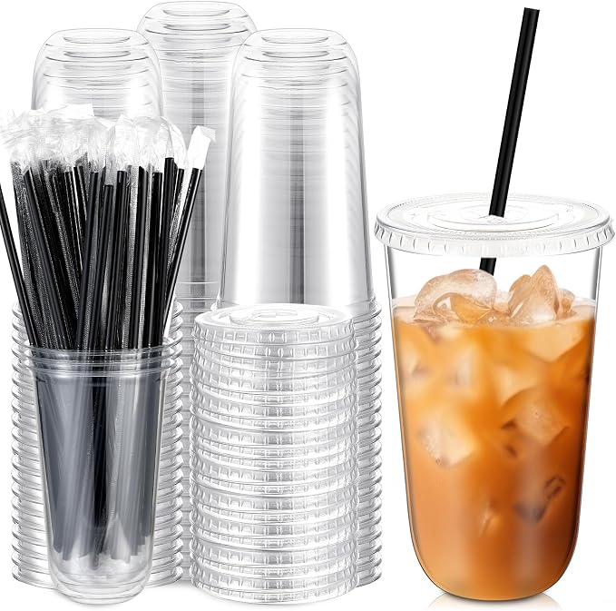 Ziliny 100 Set Clear Plastic Cups with Lids and Straws, Disposable Iced Coffee PET Cups for Drinking Cold Beverage Juice Parfait Smoothie Milkshake Coffee Shops Party Supplies (18 oz)