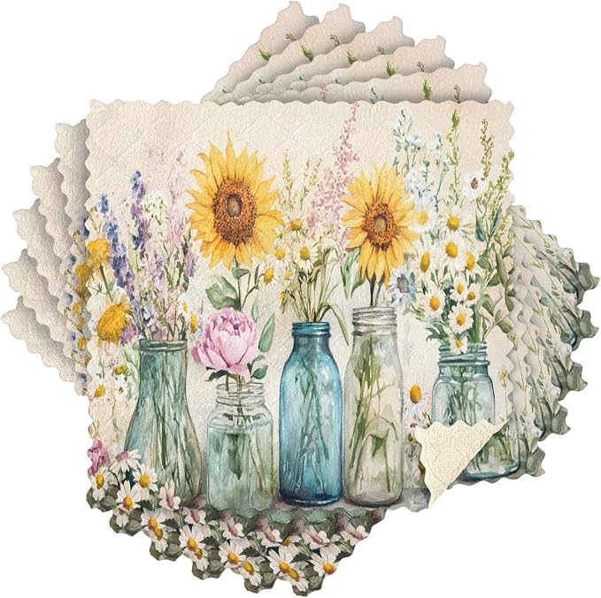 ALAZA Kitchen Towels Spring Floral Jars Dish Towels Multipurpose Reusable Dish Cloths Soft Cleaning Cloth Kitchen Accessories Set of 6,11"x11"