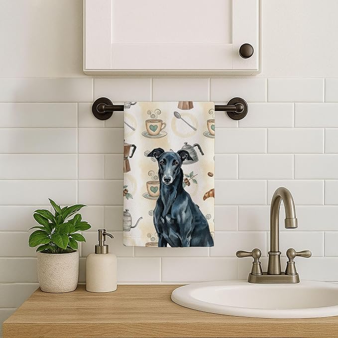 Caroline's Treasures Black Greyhound Coffee Bar Kitchen Towel Velour Plush Front and Cotton Loop Back Machine Washable