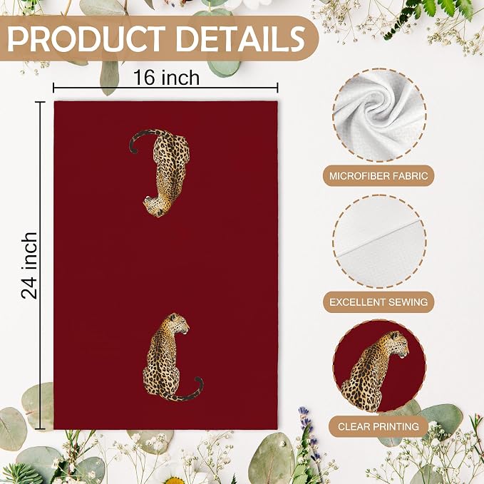 Trendy Leopard Cheetah Print Poker Lucky 8 Ball Bathroom Decor, Preppy Red Burgundy Maroon Decor Dish Hand Towels for Bathroom Kitchen Sets of 2, Cheetah Kitchen Towels and Dishcloths,16x24in