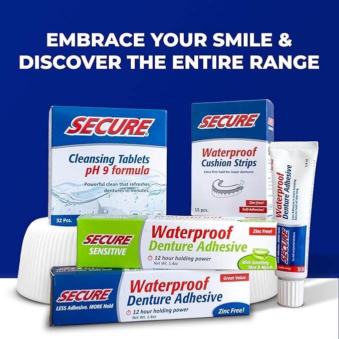Secure Daily Cleansing Tablets - pH 9 Formula Thoroughly Cleans Dentures - Fights Odors, Stains & Germs - For Dentures, Nightguards, Retainers & Partials - 32 Tablets (4 Pack)