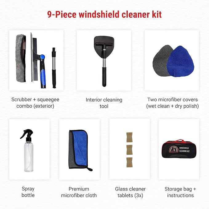 The 360° Total Windshield Cleaning KIT with car Window Squeegee, Interior Windshield Cleaner, Microfiber Cloth, Pads & Cleaning Solution - Interior & Exterior Cleaner