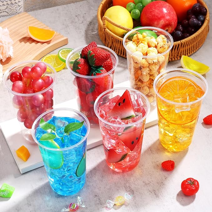 KesaPlan 100 Pcs 18 oz Clear Plastic Cups, Disposable Stemless Wine Glasses, Round Bottom Plastic Cocktails Cups, Crystal Disposable Cold Drinking Cup for Birthday Wedding Meeting Christmas Party