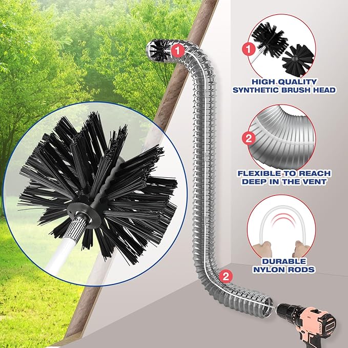 PetOde 42-Feet Dryer Vent Cleaner Kit, Lint Remover，Upgraded Flexible Quick-Snap Brush with Drill Attachment,Extends Up to 42 FEET for Easy Cleaning，Cleaning Tools Use with/Without a Power Drill（New）