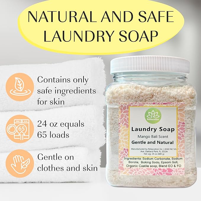 Natural Laundry Detergent Soap | Hypoallergenic Deep Cleaning Washing Powder | Eco-Friendly, Safe, and Effective BORAX, SODA ASH, EPSOM SALT, BAKING SODA and CASTILE SOAP (65 Loads) (Mango Bali)