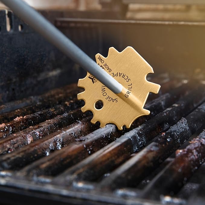 Sage Owl Bristle-Free Brass BBQ Grill Scraper with 17.5” Handle – Safe Universal Grill Cleaner for Outdoor Grills, Porcelain, Grilling Tools, and Kitchen Gadgets - Unique Gifts for Husband Birthday