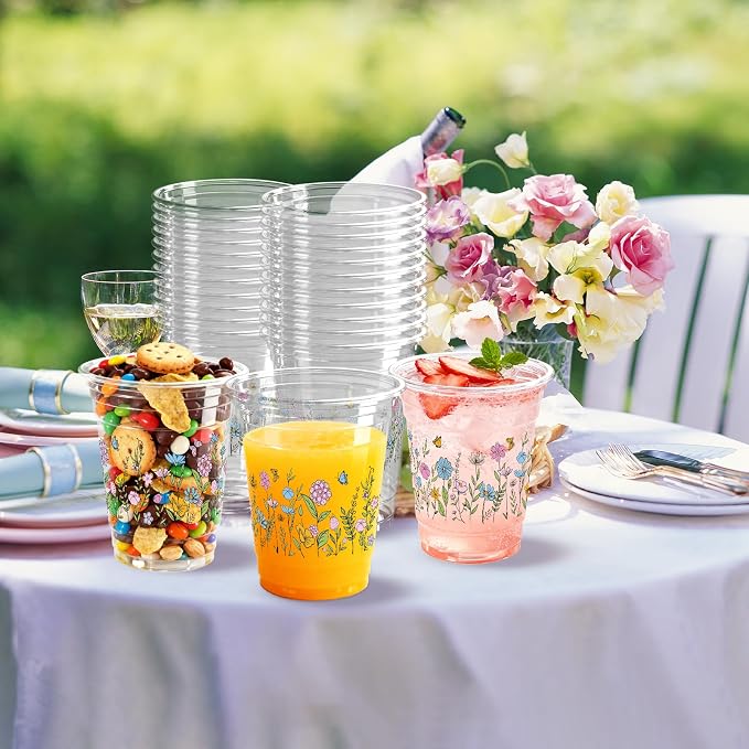 100 Pcs Wildflower Clear Cups 12 oz Plastic Flowers Disposable Drinking Cups Bulk for Spring Groovy Party Floral Baby Shower Birthday Supplies