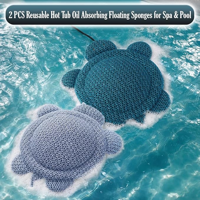 Hot Tub Scum Absorber (2 Pack Turtle) Oil Absorbing Sponge for Spa & Pool, Floating Cleaner Removes Body Oils, Lotion & Dirt, Keeps Water Clean with Extra Cleaning Cloth
