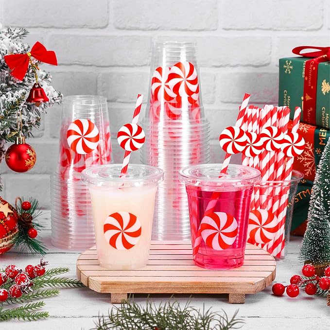 Whaline 50 Pcs 12 Oz Christmas Disposable Plastic Cups with Lids and Straws Red Peppermint Candy Cold Beverage Drinking Cups for Winter Xmas Birthday Party Supplies