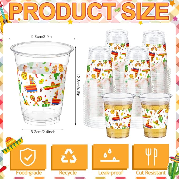 100 Pcs Fiesta Plastic Cups 12 oz Mexican Disposable Clear Plastic Drinking Cups Bulk for Cinco De Mayo Fiesta Taco Mexican Birthday Party Decoration Supplies