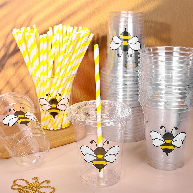 Whaline 50Pcs Bee Disposable Plastic Cups With Lids and Straws 12 Oz Cute Bee Cold Beverage Drinking Cups for Baby Shower Birthday Party Supplies
