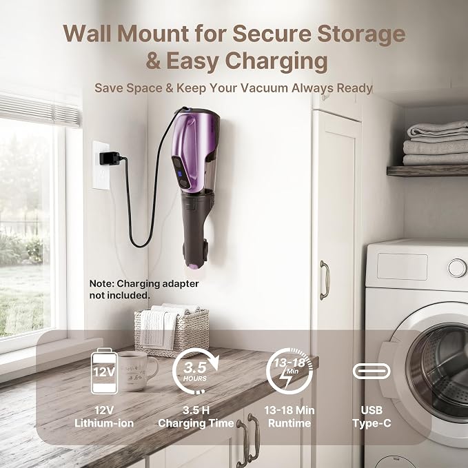Shop-Vac S2 12V Handheld Vacuum Cordless, Rotatable Nozzle, Dual-Speed Powerful Portable Car Vacuum Rechargeable, Wall-Mounted Lightweight Hand Vacuum for Home & Car, LED, HEPA Filter, Purple