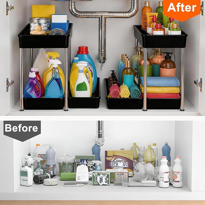 2-Tier Under Sink Organizer with Smooth Rolling Wheels, Pull-Out Bottom Storage Drawer with Easy-Lift Handle, Metal & Plastic Sliding Cabinet Organizer for Kitchen & Bathroom, Black, 2 Pack