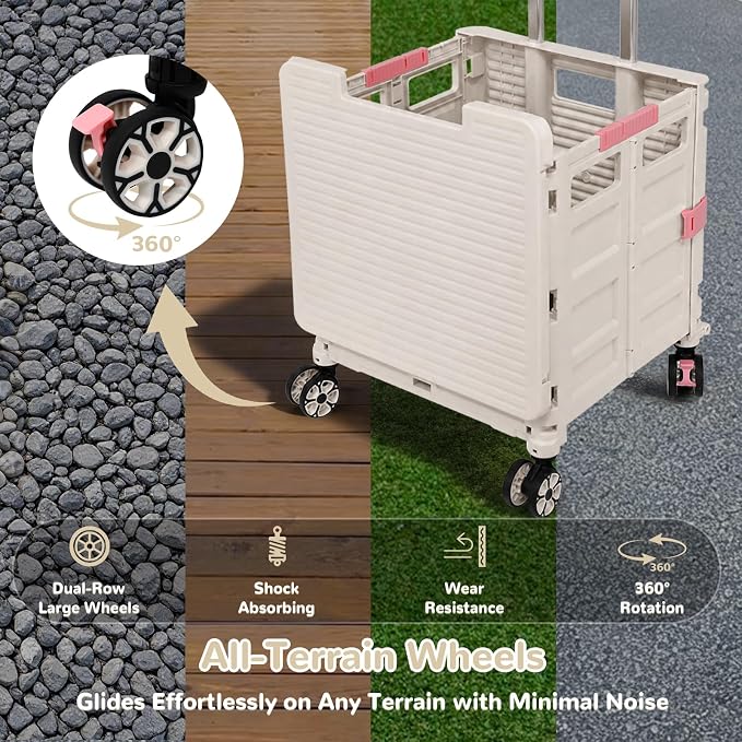 FELICON SELORSS Folding Utility Cart Portable Rolling Crate Handcart on Rotate Wheels with Magnetic Sliding Lid Telescoping Handle Lockable Transparent Front Panel for Travel Shop Office Teacher(Gray)