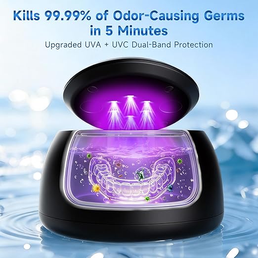 Ultrasonic Retainer Cleaner Machine, 45kHz Denture Dome with UV Light,Dental Cleaning POD for Aligners, Mouth Guards, Night Guards, Toothbrush,Jewelry,200ML Capacity (Black)