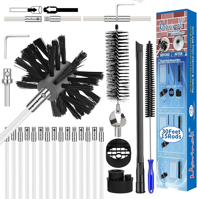 30 Feet Dryer Vent Cleaning Kit Chrome Button Locking System Dryer Vent Cleaning System Dryer Vent Cleaner Kit Vacuum Attachment Dryer Vent Nozzle Hose Attachment Vacuum Adapter Dryer Adapter