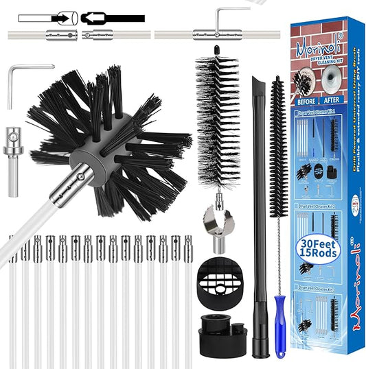 30 Feet Dryer Vent Cleaning Kit Chrome Button Locking System Dryer Vent Cleaning System Dryer Vent Cleaner Kit Vacuum Attachment Dryer Vent Nozzle Hose Attachment Vacuum Adapter Dryer Adapter