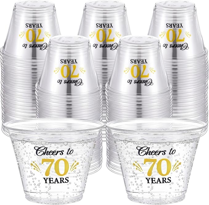 LemonRoad 100 Pack 70th Birthday Cup 9 oz Cheers to 70 Years Birthday Disposable Clear Plastic Cocktail Cups Hot Cold Beverage Drinks for Men Women Wedding Anniversary Decorations Party Favors