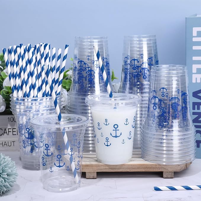 Whaline 50 Pcs 12 Oz Nautical Disposable Plastic Cups with Lids and Straws Navy Blue Anchor Cold Beverage Drinking Cup for Ocean Birthday Summer Party Supplies