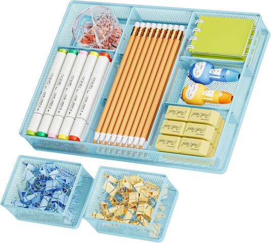 Marbrasse 3 Packs Desk Drawer Organizers, Metal Mesh Dividers with 9 Adjustable Compartments, Pen Organizer for Drawer Tray Box Accessories for Desktop,Kitchen, Makeup(Blue)