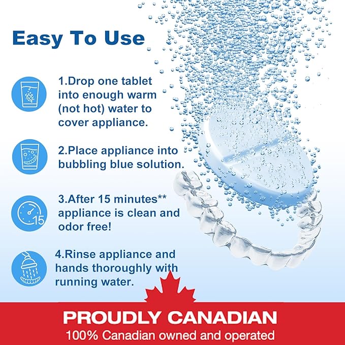 Proudly Canadian ClearBrite Naturals Retainer Cleaner Tablets, 120 Tablets (4 Month Supply), Extra Strength for Retainers, Aligners, Night Guards, Mouth Guards & Dentures