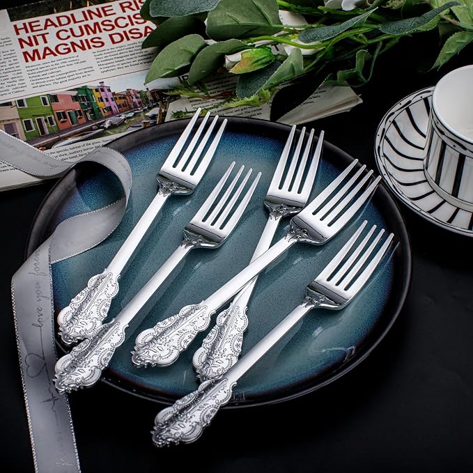 WDF 100 Piece Silver Forks Disposable - 7.48 Inch Silver Plastic Forks - Baroque Silverware for Dessert Cake - Heavy Duty Plastic Fork for Party Wedding or Daily Using Baby Shower Spring