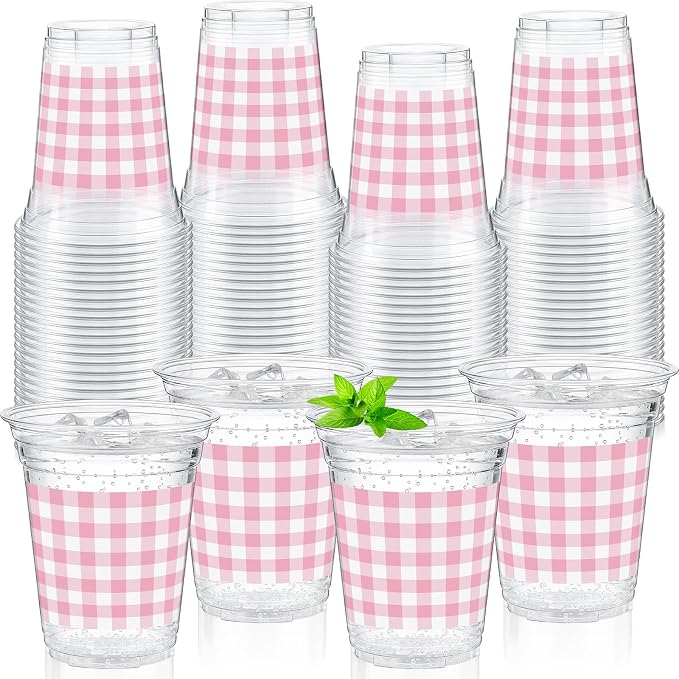 Qinyoung Checkered Plastic Cups 12oz Gingham Party Disposable Cups Bulk Drinking Cup for Cold Drinks Baby Shower Wedding Summer Birthday Party Supplies(Pink and White,50 Pcs)