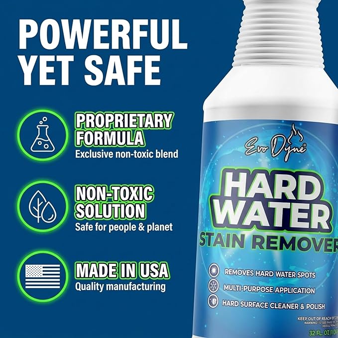 Evo Dyne Hard Water Stain Remover 32oz | Made in USA - Shower Door Cleaner, Clean Tile and Grout, Windows, Fiberglass, Tubs, Chrome (1-Pack)