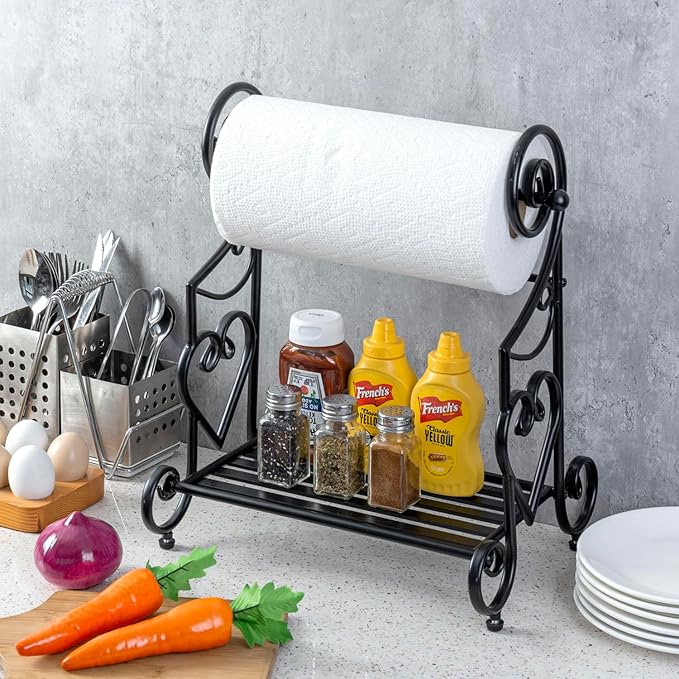 MyGift Gothic Paper Towel Holder Heart Scroll Metal Paper Towel Holder Stand with Slatted Condiment Shelf Rack, Black Decorative Kitchen Decor Accessories