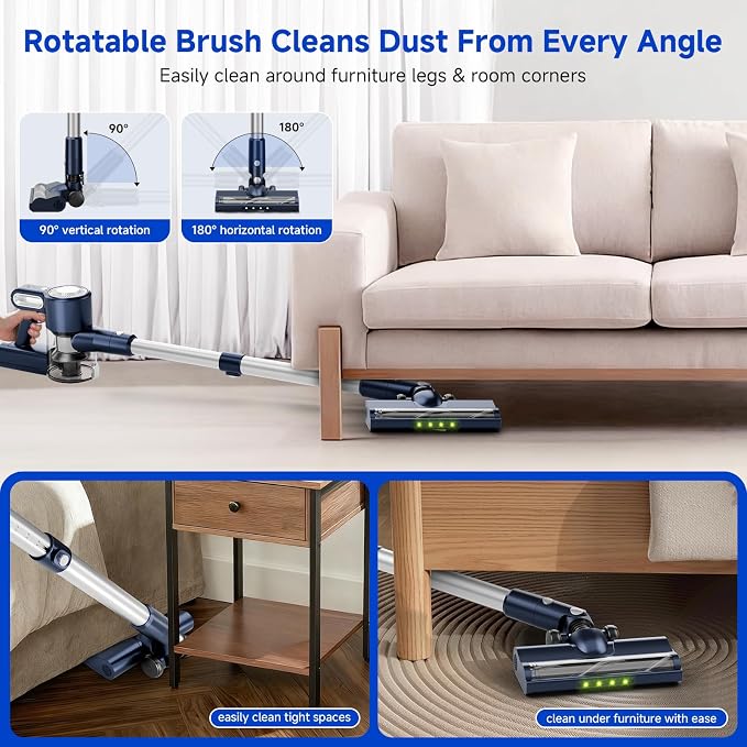 Cordless Vacuum Cleaner: 30KPA Powerful Suction Stick Vacuum, Anti-Tangle | Portable 6-in-1 Rechargeable Vacuum, Green LED Light, Ideal for Pet Hair, Low-Pile Carpets & Hard Floors-Dark Blue