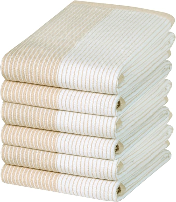 Premium Kitchen Towels (20”x 28”, 6 Pack) | Yarn Dyed Flat Woven Stripe Kitchen Towel Set| 238 GSM | Highly Absorbent with Hanging Loop | Tan