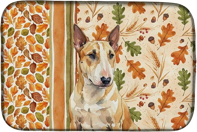 Caroline's Treasures Miniature Bull Terrier Heirloom Fall Dish Drying Mat Absorbent Dish Drying Mat Pad for Kitchen Counter Dish Drainer Mat for Countertop, 14 x 21", Multicolor