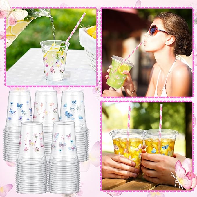 FoldTier 100 Pack Butterfly Plastic Cups with Lids and Straws 12 oz, Disposable Fairy Drinking Cups Clear for Birthday Wedding Party, Baby Shower, Bridal Shower Party Decorations
