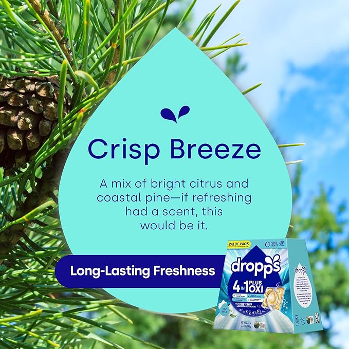 Dropps 4-in-1 Plus Oxi Laundry Detergent Pods, Crisp Breeze (63 Count) - Laundry Pods | Advanced Odor Defense | Fights Stains | Whitens & Brightens | Clean Ingredients | Plastic Free Packaging