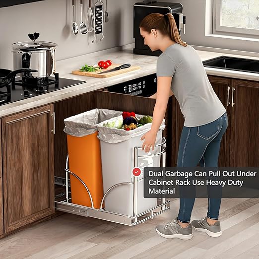 ANASTA Dual Pull Out Trash Can Under Cabinet Rack, No Can Included, Under Sink Trash Can Pull Out Holds Double 7-9 Gal/2 * 35 Qt Recycle Bin Garbage Can Combo, Inside Cabinet Size ≥16''W 22" D 17''H
