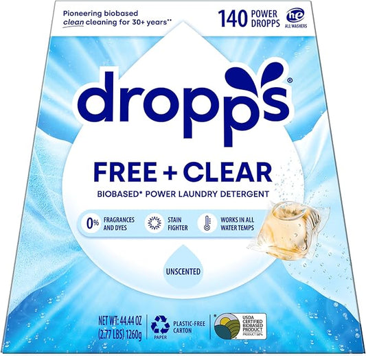Dropps Free & Clear Laundry Detergent Pods (140 Count) - Unscented Laundry Pods | Fights Odors & Stains | Free of Dyes Parabens & Perfumes | Hypoallergenic | Clean Ingredients | Plastic Free Packaging