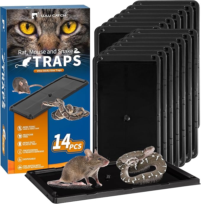 LULUCATCH Mouse Traps, 14 Pack Large Glue Traps Mouse Traps Indoor for Home, Pre-Baited Non-Toxic Bulk Glue Boards for Mice, Snakes, Rat, Lizard, Cockroach & Spiders, Pet Safe, Easy to Use