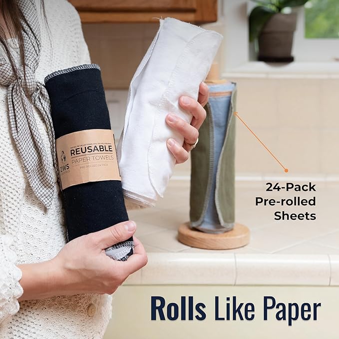 Zero Waste Reusable Paper Towels, Organic Cotton Flannel Wipes for Kitchen, Bathroom, Hand Drying, Pet Messes, and Counter Cleaning, Grey Tones, 24-Pack Gift Set