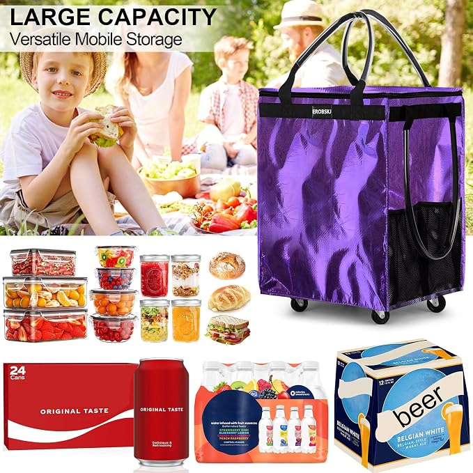 (Medium, Light Purple) Reusable Grocery Bag on Wheels, 70L Foldable Rolling Tote, Carries Up to 66 lbs Shopping Trolley, Zipper Clouser Shopping Carts for Trips, Laundry, Camping, Moving