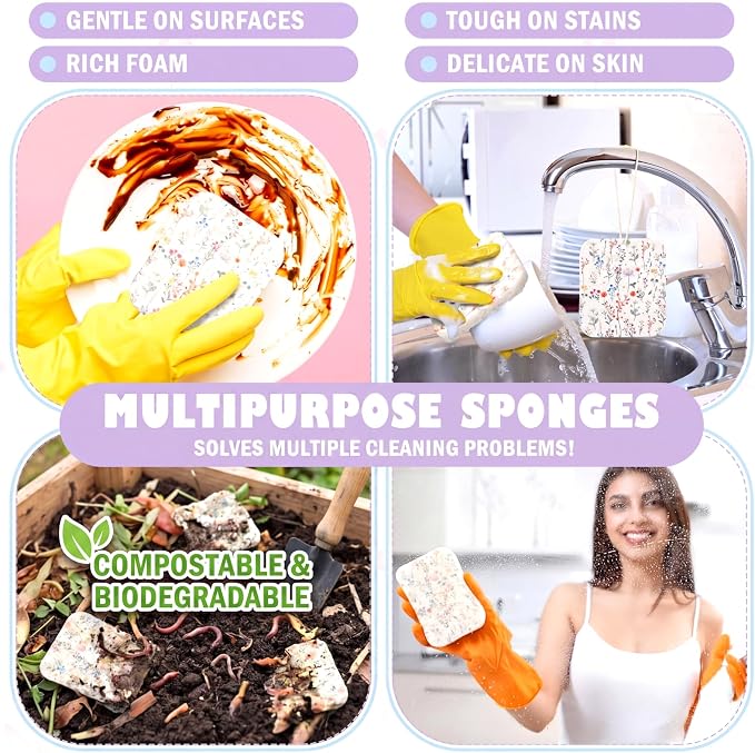 Hahafelt 36 Counts Compressed Cellulose Sponges Bulk Cute Wildflower Pop up Sponges Natural Compostable Non Scratch Dish Kitchen Gifts for Washing Dishes, Travel Cleaning Countertop Sink