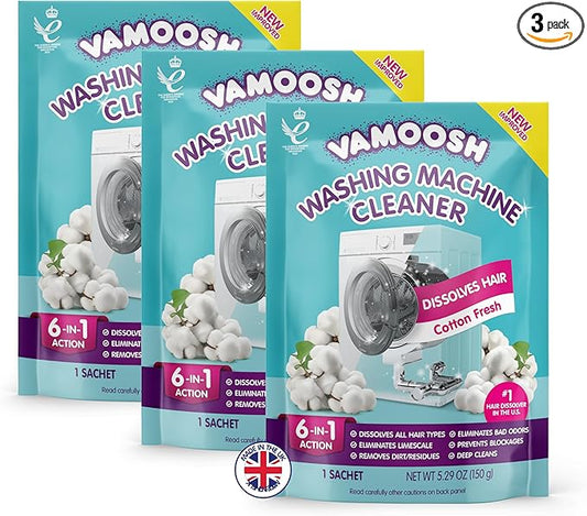 Vamoosh 6-in-1 Washing Machine Cleaner with Hair Dissolving Formula | Cotton Fresh Scent | Removes Limescale | Prevents Blockage | Eliminates Odor | Descales | 150g (Pack of 3)