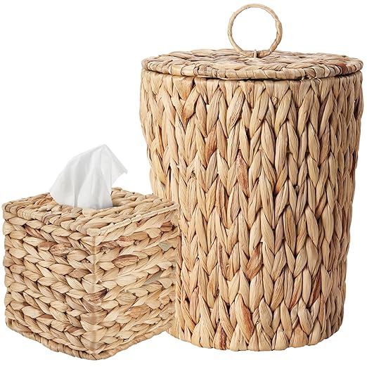 2.6 Gallon Wicker Trash Can with Lid and Square Wicker Tissue Box Cover, Boho Decorative Handwoven Water Hyacinth Rattan Bedroom Bathroom Living Room Accessories Decor (Natural)