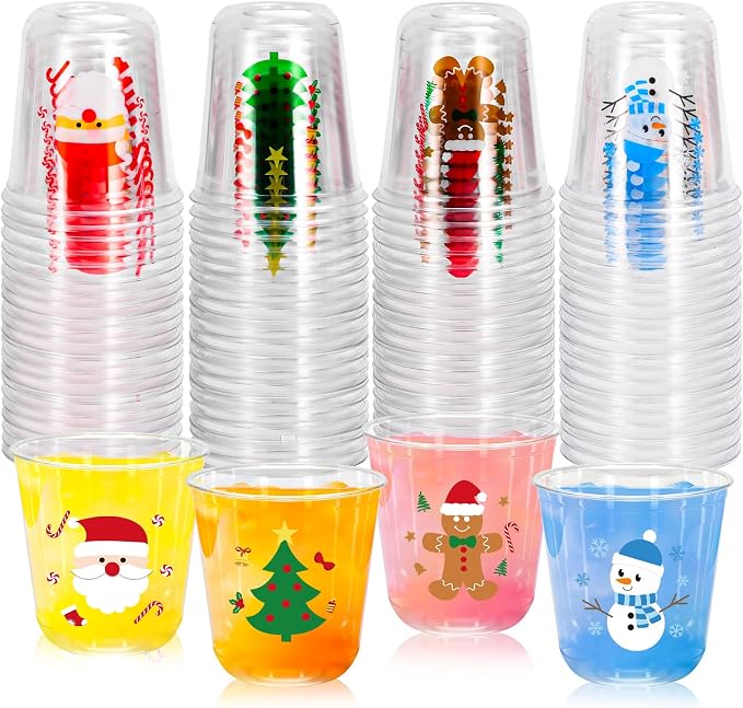 Whaline 60Pcs Christmas Plastic Cups 12 Oz Winter Snowman Gingerbread Man Santa Xmas tree Disposable Clear Stemless Wine Cocktail Glasses PET Drinkware Cups Set for Holiday Party Supplies