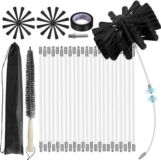 30Feet Chimney Sweep Kit - 8 in Brush Head, Dryer Vent Cleaner, Rotary Cleaning System for Flue/Fireplace/Sewage Pipe/Hood with 23 Nylon Flexible Rods