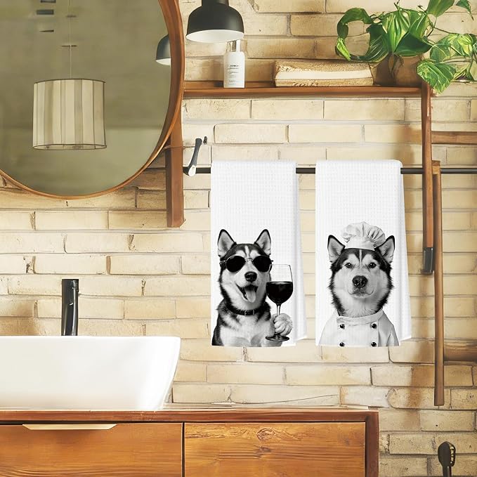 Funny Husky Kitchen Towels Set of 2, Dog Kitchen Bar Accessories, Dog Chef Gifts for Women Decorative Hand Towels for Kitchen Decor, Husky Lovers Dish Tea Towel, 16x24 Inch